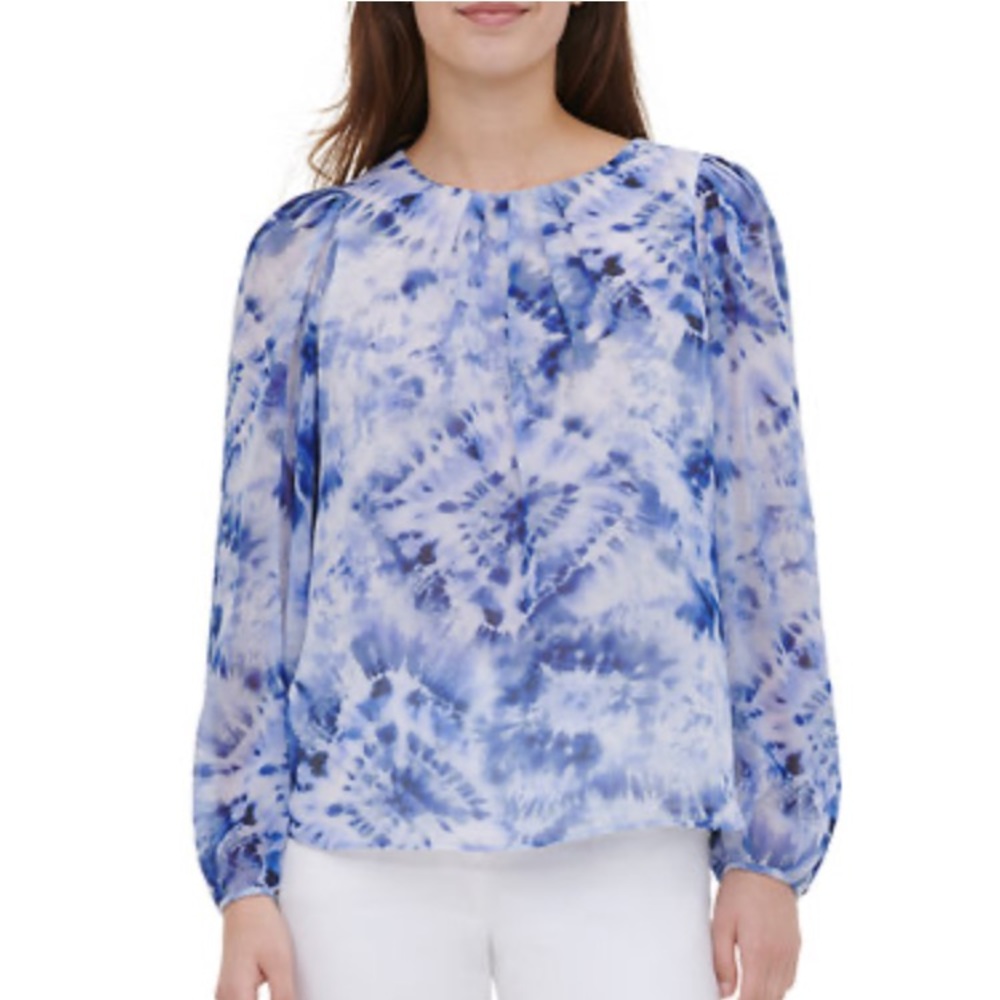 Calvin Klein Blouson Sleeve Printed Blouse Blue XS